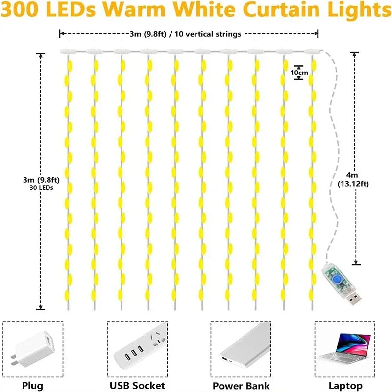 3M LED-gordijn Lichtslingers Fee Decoratie USB Vakantie Garland Lamp 8 Modus Voor Huis Tuin Kerstfeest Nieuwjaar Bruiloft